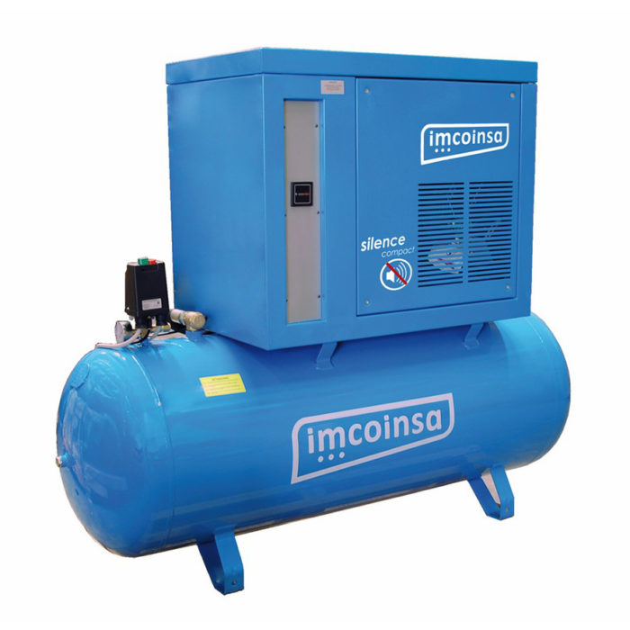 COMPRESOR IMCOINSA SILENCE COMPACT 7,5/500-T - 04875 Compresor insonorizado  de 7,5 hp y depósito de 500 litros compacto equipo de producción de aire especialmente indicado para instalaciones que requieran un bajo nivel de emisión sonora. El equipo está compuesto de un grupo compresor de la serie IMCO con una envolvente de chapa de acero recubierto con aislamiento de alta absorción acústica. Disponemos de este mismo modelo de compresor en 10 bar al mismo precio. Potencia de 7,5 hp 400V Trifásico y depósito de 500 litros. Presión de trabajo: 8 bar. Aire aspirado: 847 l/m. Nivel sonoro: 69 dBA. Peso: 176 kg.