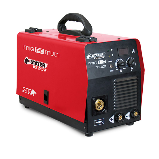 SOLDADURA INVERTER STAYER MIG 170 MULTI. MONOFASICA DE 170 AMPERIOS CON UN FACTOR DE MARCHA DEL 60% QUE SIRVE PARA SOLDAR HILO, ELECTRODO Y TIG. IDEAL PARA TRABAJOS EN LOS DOMICILIOS, COMO CANCELAS, BALCONES, VAYAS, CERCAS, ETC. PARA HILO DE 0.6 MM A 0.8 MM CON ANTORCHA MIG 13 AK (NO INCLUIDA). SE AJUSTA LA SOLDADURA DE HILO CLASICO, CON SOLO DOS BOTONES, UNO PARA EL MODO VELOCIDAD Y OTRO PARA EL VOLTAJE. DOTACION STANDARD CABLE DE ALIMENTACION, CABLE DE MASA CON PINZA Y CABLE DE ELECTRODO CON PINZA.